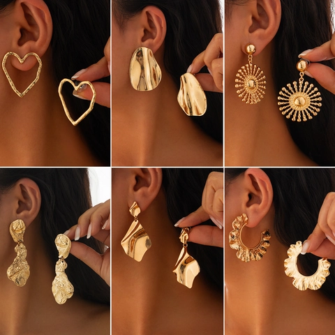 European American Geometric Alloy Heart Sunflower Earrings Irregular Pleated Hollow Statement Drop Earrings For Women Jewelry