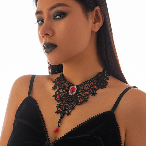 Collier Choker en Dentelle Gothique pour Femme Halloween Fête Vintage Alliage Strass Perle Artificielle Bijoux