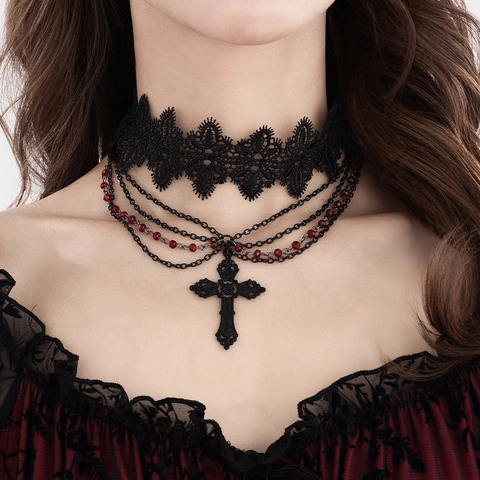 Gothic Cross Beaded Necklace Multi Layer Lace Choker Vintage Punk Dark Style Pendant Necklace Jewelry For Halloween Party Women
