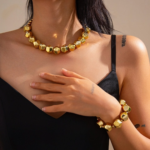 Collar Y Pulsera De Cuentas CCB Geométricas Vintage Gruesas Joyas Individuales De Cuentas Metálicas Pulidas Irregulares Para Mujer