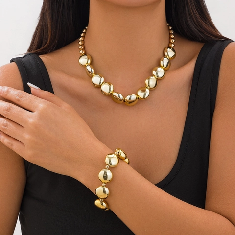 Punk Geometrische Kiezelkraal Ketting Armband Set Verguld Kunststof Grove Metalen Kralen Statement Sieraden Voor Dames
