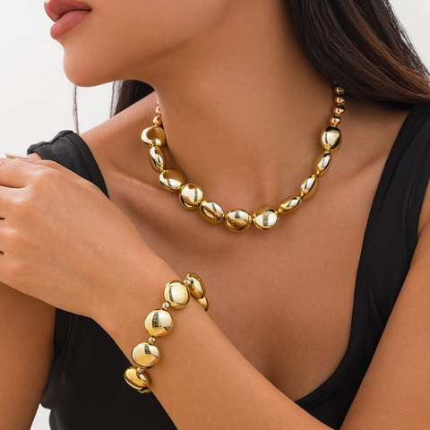 Punk Geometrische Kiezelkraal Ketting Armband Set Verguld Kunststof Grove Metalen Kralen Statement Sieraden Voor Dames