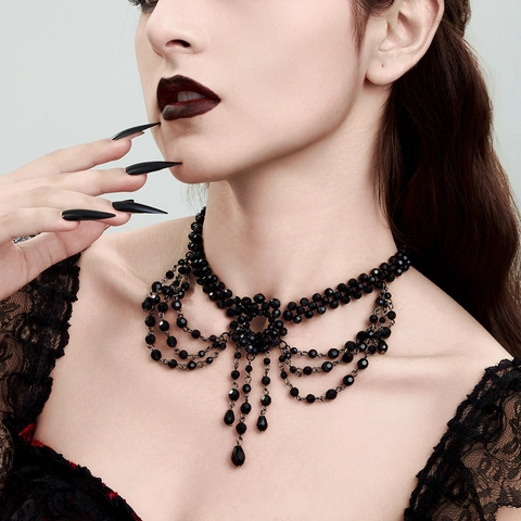 Gothic Black Lace Choker Necklace With Cross Pendant Red Rhinestone Tassel Victorian Vintage Jewelry For Women Halloween Party