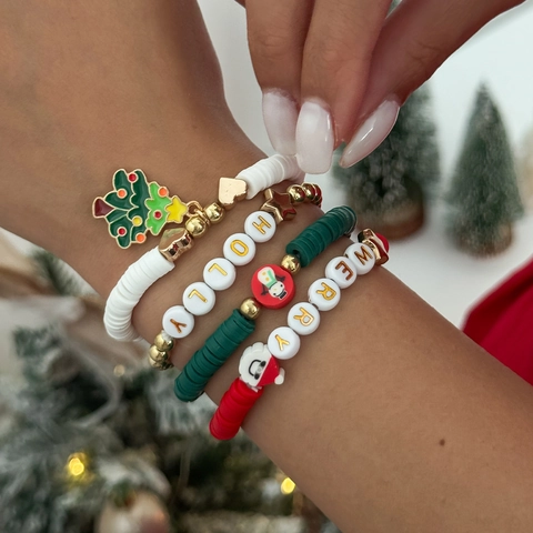 Ensemble de Bracelets de Noël en Perles pour Hommes Femmes Multicolore Heishi Pâte Polymère Lettre Père Noël Sapin Bijoux