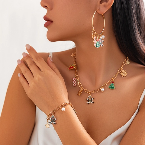 Gioielli di Natale Oro Lega di Zinco Smalto Omino di Pan di Zenzero Albero di Natale Stella Perla Artificiale Collana Bracciale Orecchini