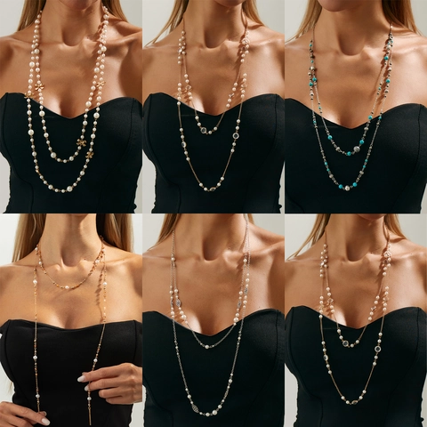 Elegant Long Layered Imitation Pearl Beaded Necklace Vintage Alloy Flower Bow Pendant Sweater Chain For Women Jewelry Party Gift