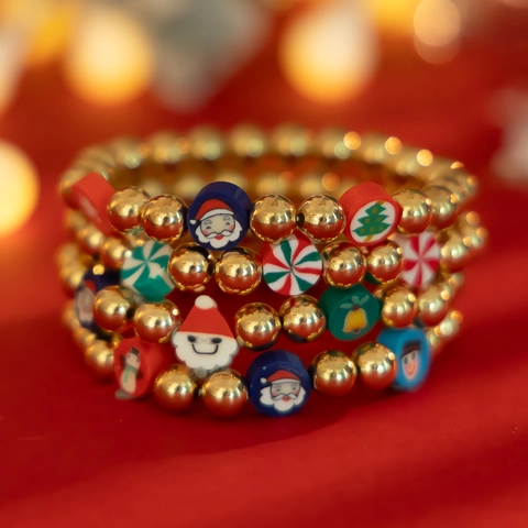 Christmas Beaded Bracelet Set For Women Alloy Polymer Clay Noel Santa Reindeer Festive Rhinestone Jewelry Set Holiday Gift