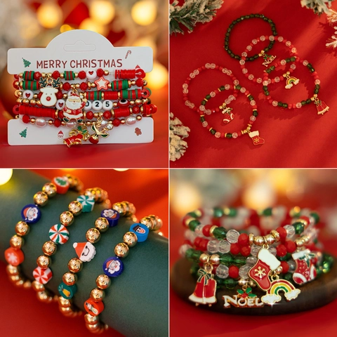 Christmas Beaded Bracelet Set For Women Alloy Polymer Clay Noel Santa Reindeer Festive Rhinestone Jewelry Set Holiday Gift