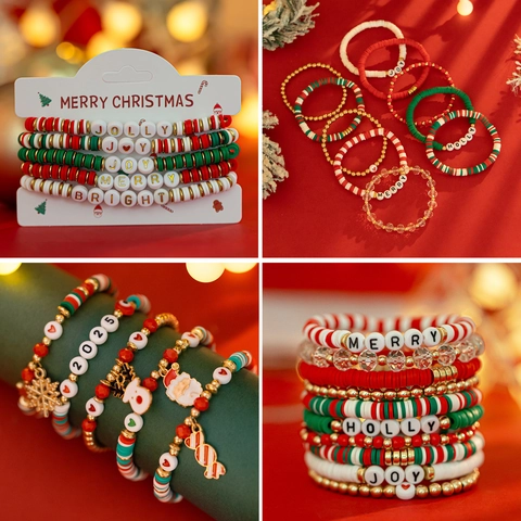 Christmas Polymer Clay Beaded Bracelet Heishi Beads Merry Joy Lettering Alloy Acrylic Snowflake Santa Claus Charms Festive Jewelry
