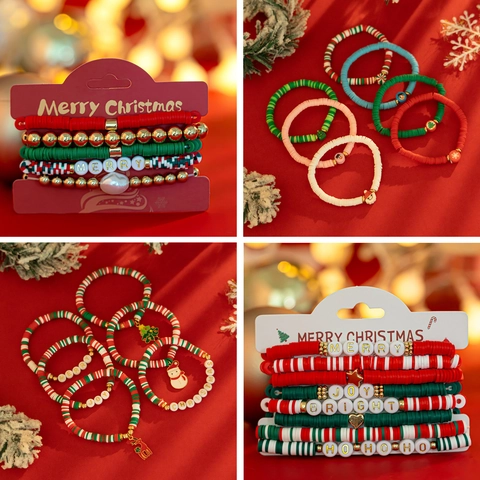 Ensemble de Bracelets en Perles de Noël pour Femmes Perles Heishi en Pâte Polymère Lettres Merry Christmas Breloques Bonhomme de Neige Renne Sapin Bijoux Cadeau Fête