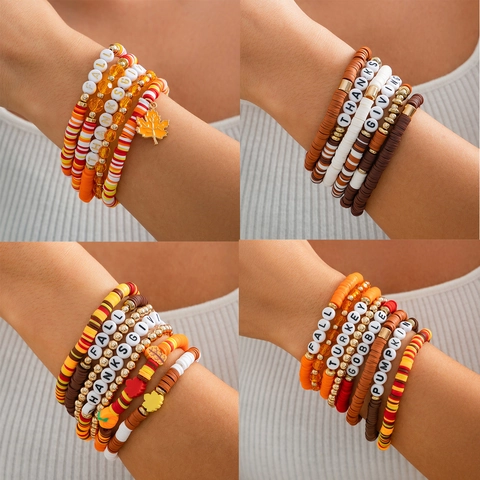 Bohemian Polymer Clay Heishi Bead Bracelet Set For Women Thanksgiving Alphabet Letter Pumpkin Maple Leaf Fall Jewelry