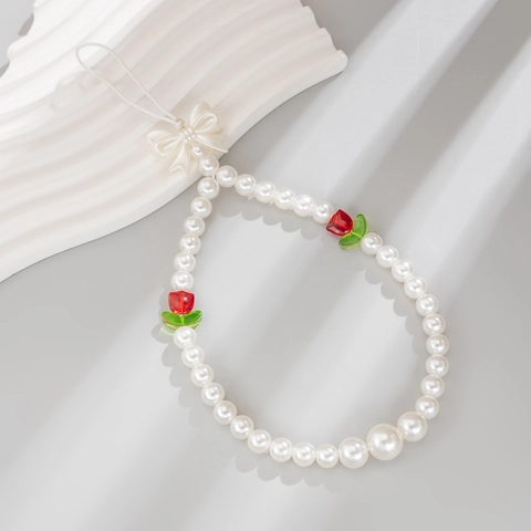 Artificial Pearl Tulip Beaded Phone Chain Cute Bowknot Acrylic Flower Phone Lanyard For Women Handbag Decorative Bag Charm