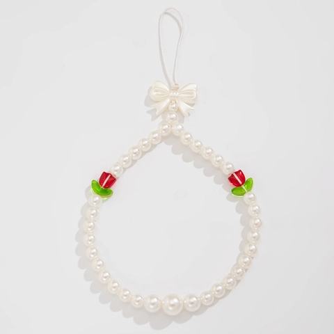 Sweet Imitation Artificial Pearl Phone Chain With Acrylic Tulip Flower Bow Pendant Cute Handmade Bag Charm For Women Gift Accessories