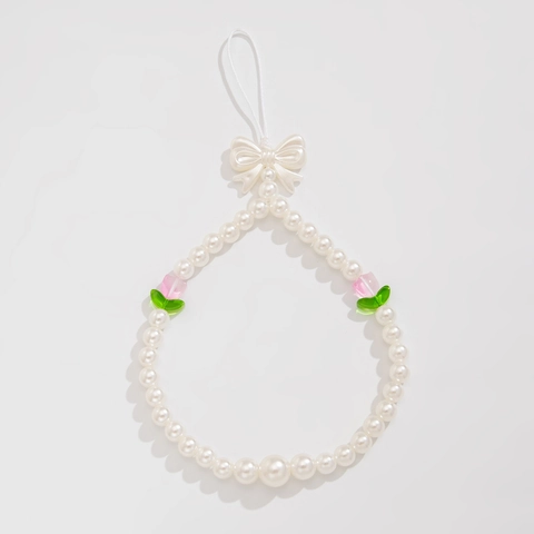 Sweet Imitation Artificial Pearl Phone Chain With Acrylic Tulip Flower Bow Pendant Cute Handmade Bag Charm For Women Gift Accessories