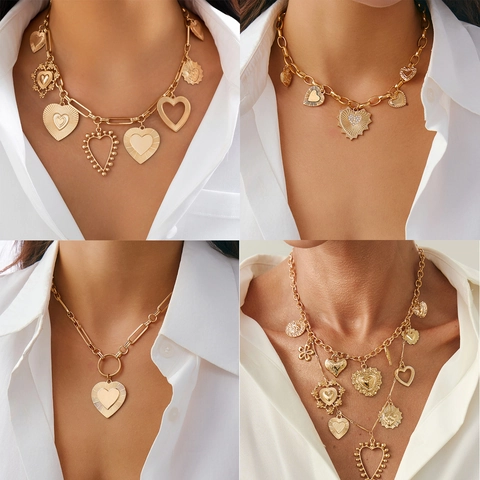 Retro Alloy Heart Pendant Necklace For Women Iron Chain Metallic Clavicle Chain Multilayer Bohemian Fashion Jewelry Clavicle Chain Necklace
