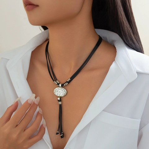 Vintage Etnische Legering Ovale Hanger Kwastje Halsketting Voor Vrouwen Boheemse Meerstrengs Koord Lange Ketting Sieraden