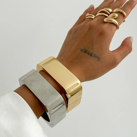 Irregular Geometric Alloy Wide Bangle Bracelet And Ring Set Minimalist Spring Hinge Gold Silver Plated Fashion Jewelry For Women