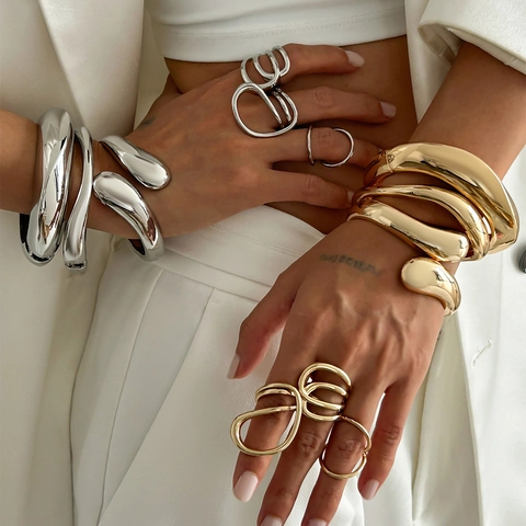 Minimalistisches Legierung Hochglanz Armreif Ring Set Für Damen Gold Silber Plattiert Organisches Fließendes Geometrisches Armband Schmuck