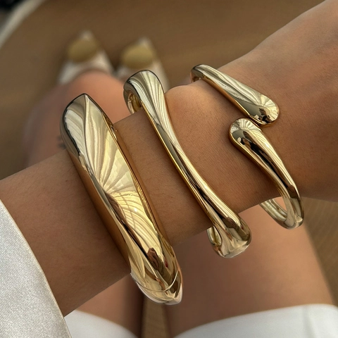 Minimalist Irregular Zinc Alloy Spring Bracelet Ring Set For Women Gold Silver Electroplated Smooth Polished Fashion Jewelry