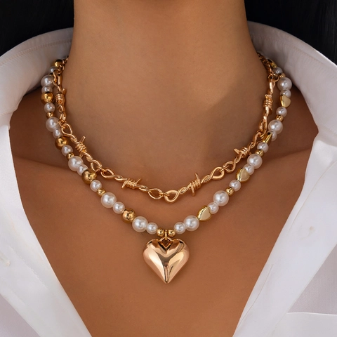 Double Layered Heart Pendant Necklace With Imitation Artificial Pearl Alloy Barbed Wire Chain Gold Silver Plated Jewelry For Women