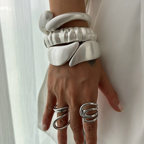 Modern Alloy Brushed Matte Cuff Bracelet Teardrop Hinged Bangle Hollow Multi Layer Geometric Ring For Women Minimalist Jewelry