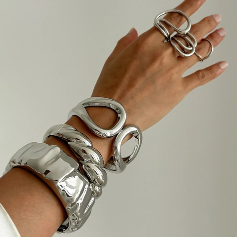 Ins Stijl Onregelmatige Geometrische Legering Armband Ring Set Voor Vrouwen Goud Zilver Verguld Hol Gedraaid Breed Sieraad