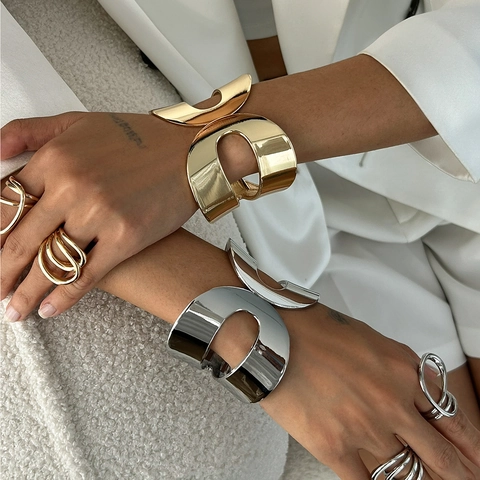 Fashion Irregular Geometric Zinc Alloy Bangle And Ring Set High Polish Metallic Punk Style Gold Silver Open Bracelet For Women