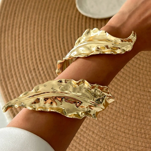 Exaggerated Zinc Alloy Leaf Wrap Open Bangle Bracelet And Ring Set For Women Gold Silver Plated Fashion Statement Jewelry