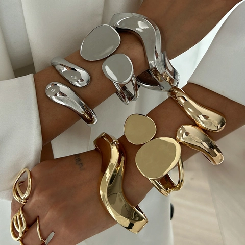 Chunky Irregular Minimalist Open Bangle And Ring Set For Women Zinc Alloy Electroplated Metallic Jewelry Fashion Accessories