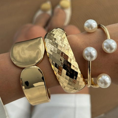 Vintage Textura Martillada Brazalete Abierto Perla Artificial Pulsera Envolvente Geométrico Patrón Diamante Anillo Joyería Para Mujer