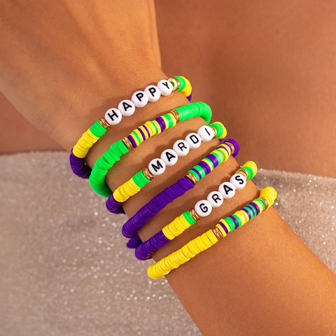Juego de Pulseras Heishi de Arcilla Polimérica de Mardi Gras Cuentas de Letras de Acrílico Pulsera Elástica Joyería de Fiesta