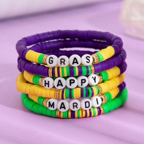 Juego de Pulseras Heishi de Arcilla Polimérica de Mardi Gras Cuentas de Letras de Acrílico Pulsera Elástica Joyería de Fiesta