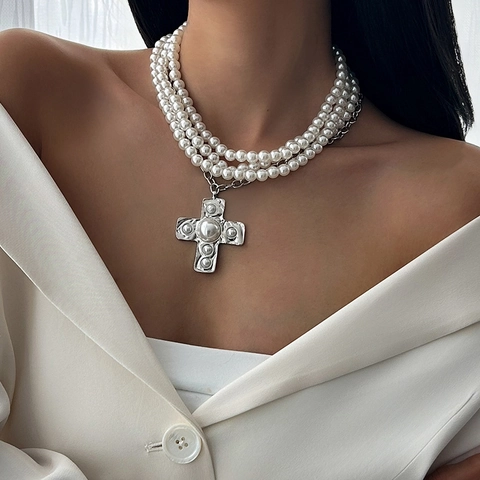 Vintage Multi-Layer Imitation Artificial Pearl Cross Pendant Necklace Alloy Iron Chain Baroque Elegant Clavicle Chain For Women