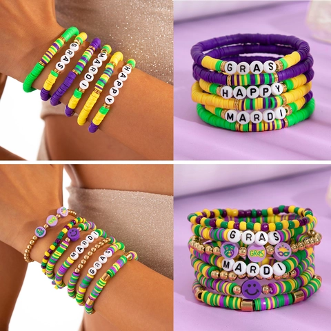 Mardi Gras Kralen Armband Stapelbaar Voor Dames Zachte Klei Acryl Letter Kralen Feestelijk Carnaval Individuele Sieraden