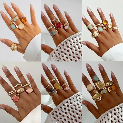 Bohemian Retro Alloy Rhinestone Stacking Ring Set For Women Geometric Hammered Irregular Adjustable Finger Rings Jewelry