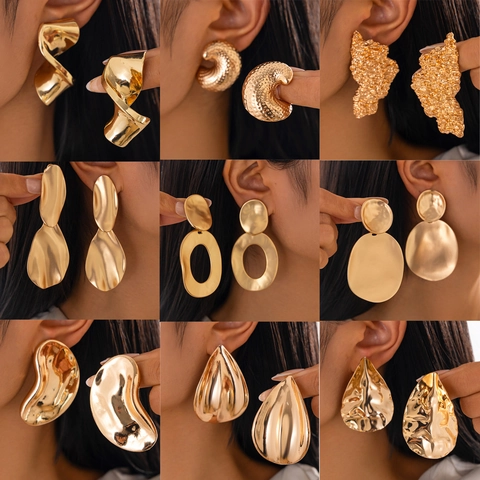 Irregular Geometric Water Drop Earrings For Women Zinc Alloy Hammered Texture Electroplated Fashion Chunky Jewelry Gift