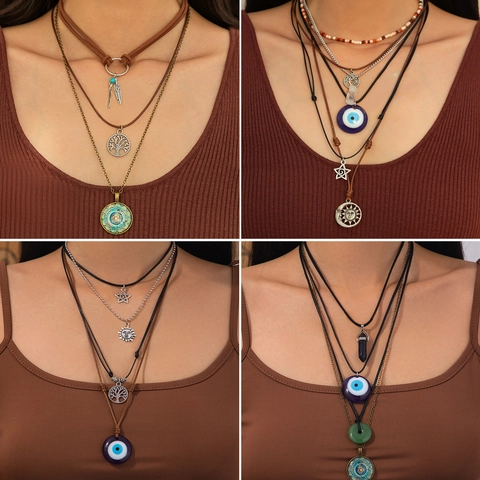 Collier Multi-rangs Bohème Vintage pour Femmes Alliage Acrylique Cristal Pendentif Ethnique Mauvais Œil Arbre de Vie Bijoux