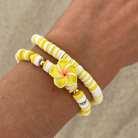Böhmisch Polymerton Blumen Perlen Armband Set Bunte Heishi Perlen Plumeria Charm Strand Urlaub Handgefertigter Schmuck