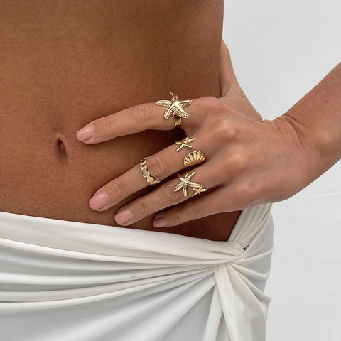 Ocean Theme Starfish Shell Alloy Ring Set And Adjustable Waist Chain Gold Silver Plated Beach Vacation Jewelry For Women