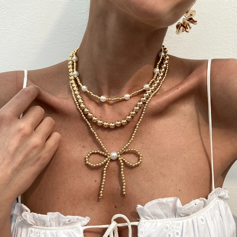Bohemian Multi Layer Gold Silver Plated Plastic Bead Necklace With Bowknot Pendant And Imitation Artificial Pearl Vintage Jewelry For Women
