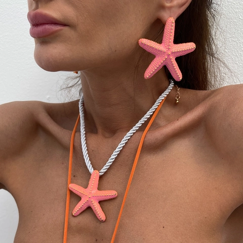 Collar con Colgante de Estrella de Mar Estilo Oceánico Boho Pendientes de Botón de Aleación Esmaltada Estrella de Mar Cadena de Cuerda Trenzada Joyería Mujer