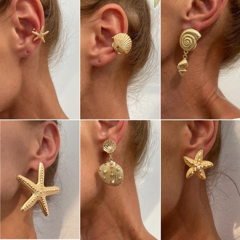 Ocean Style Marine Life Starfish Shell Conch Drop Stud Earrings Gold Silver Alloy Metal Artificial Pearl Jewelry For Women Beach Party Vacation Accessories