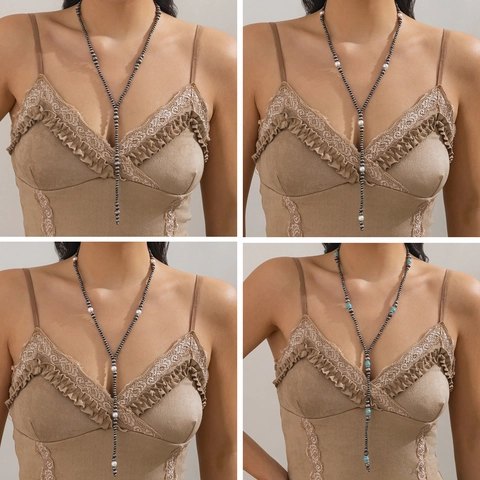 Retro Ethnic Silver Plastic Bead Lariat Necklace For Women Artificial Pearl Turquoise Tassel Long Y-Shape Necklace Jewelry