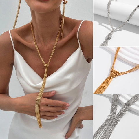 Minimalist Y-Shape Metal Tassel Layered Necklace For Women Gold Silver Iron Alloy Rhinestone Chain Lariat Necklace Fashion Jewelry