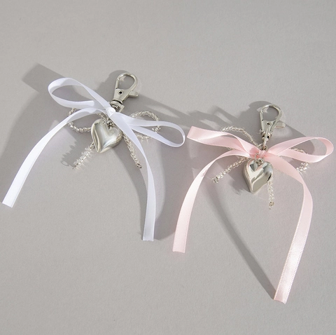 Sweet Ribbon Bow Heart Keychains For Women Alloy Pendant Bag Charm Ribbon Bead Decor Pink White Key Ring Accessories