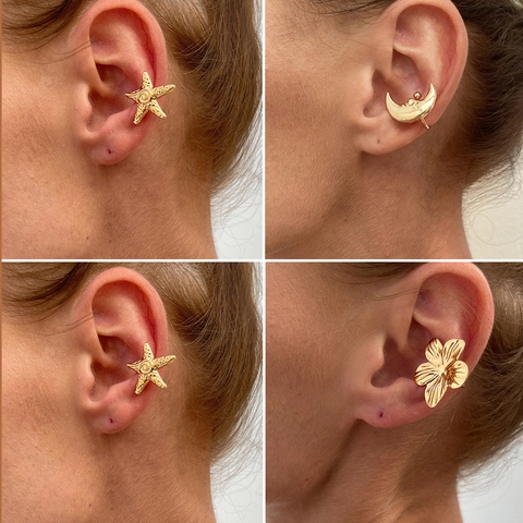 Celestial Sea Starfish Flower Sun Moon Face Ear Cuffs Zinc Alloy Gold Silver Plated Non Pierced Clip Earrings For Women Vacation Jewelry
