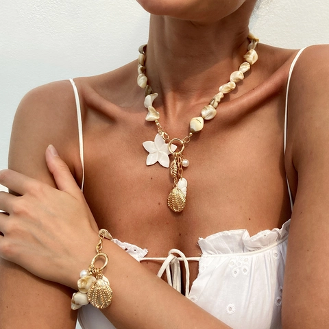 Bohemian Ocean Style Κολιέ Και Βραχιόλι Με Μενταγιόν Με Λουλούδια Από Κοχύλι Χρυσό Κράμα Κοσμήματα Για Γυναίκες Παραλία Διακοπές