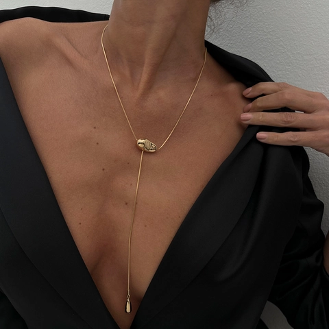 Minimalist Y-Shaped Lariat Necklace For Women Metal Snake Bone Chain Irregular Water Drop Pendant Long Adjust Necklace Jewelry
