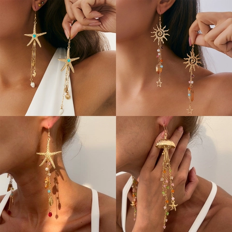 Pendientes Largos Bohemios de Océano con Estrella de Mar Medusa y Borla Concha Perla Cristal Poste de Acero Inoxidable Joyería de Verano