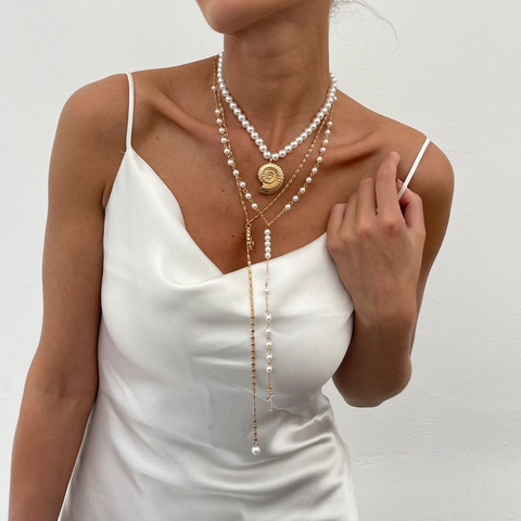 Collana a Strati in Catena di Ferro Placcato Oro Con Künstliche Perle Sintetiche Ciondolo a Conchiglia E Croce Per Donna Gioielli Vacanza